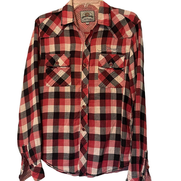 Don Ed Hardy Men's Skull Beaded Button Down Plaid Shirt Size Small - Picture 2 of 8